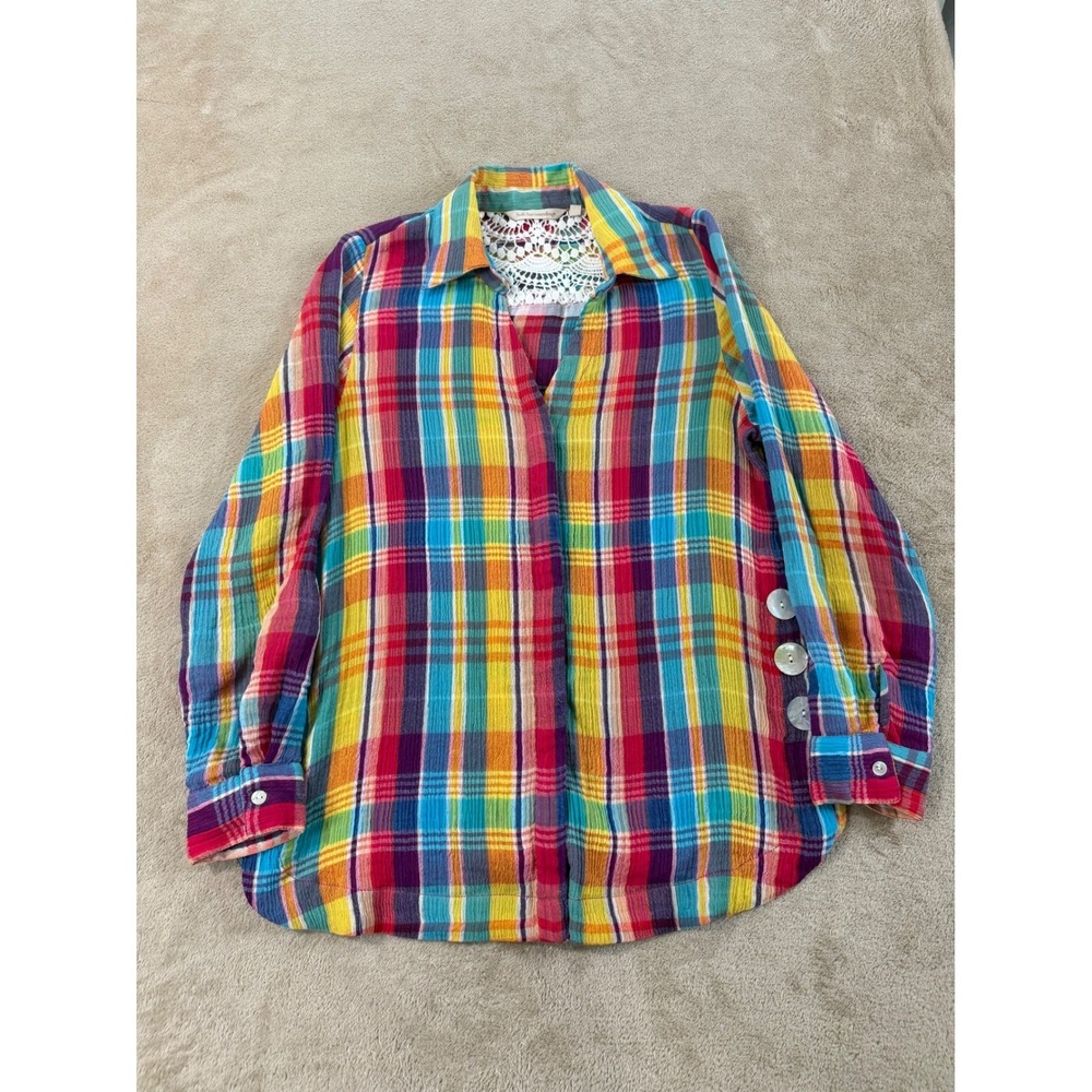 Soft Surroundings Gauze Shirt Women's P/S Multicolor Kona Shores Plaid Button Up